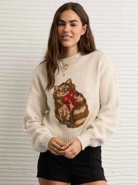 American Eagle Outfitters Cream Knit Cat Sweater Size Small